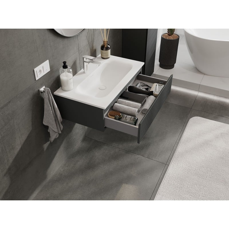 Mexen Rivel meuble de salle de bains 80 cm avec lavabo Vela, 1 tiroir, rainuré, graphite mat/blanc mat