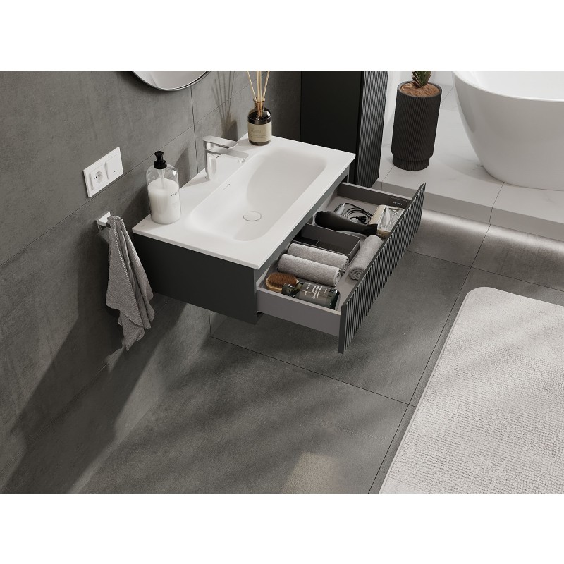 Mexen Rivel mobiletto da bagno 80 cm con lavabo Vela, 1 cassetto, scanalato, grafite opaco/bianco opaco