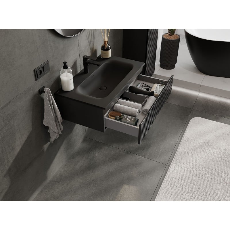 Mexen Rivel armoire de salle de bain 80 cm avec lavabo Vela, 1 tiroir, rainuré, noir mat - 91A20-08023-1-BF71-W23M71