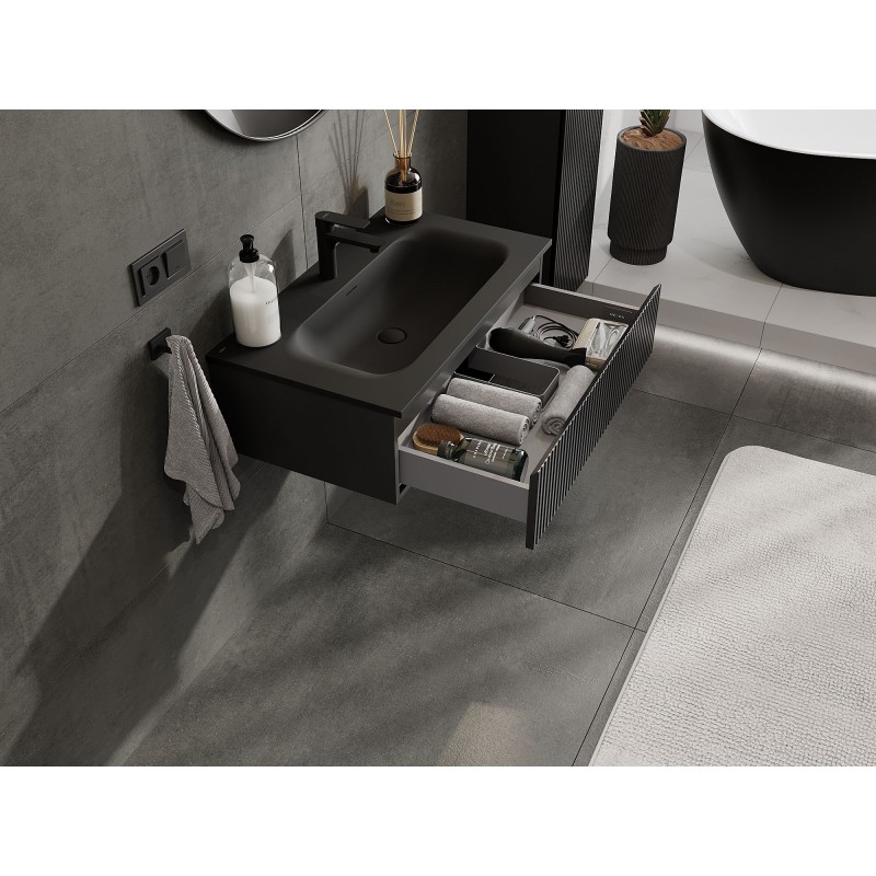 Mexen Rivel badkamerkast 80 cm met wastafel Vela, 1 lade, gefreesd, zwart mat - 91A20-08023-1-BF71-W23M71