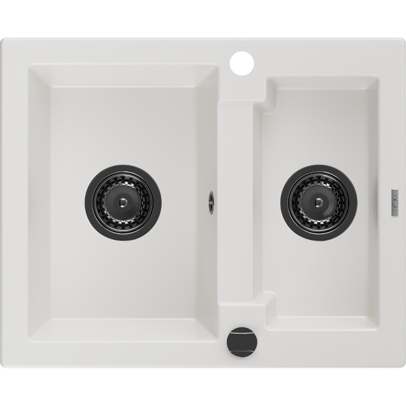 Mexen Carlos 1,5-komorige granieten gootsteen 582 x 475 mm, wit, zwarte sifon - 6518581500-20-B