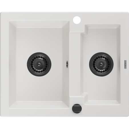 Mexen Carlos fregadero de granito de 1,5 senos 582 x 475 mm, blanco, sifón negro - 6518581500-20-B