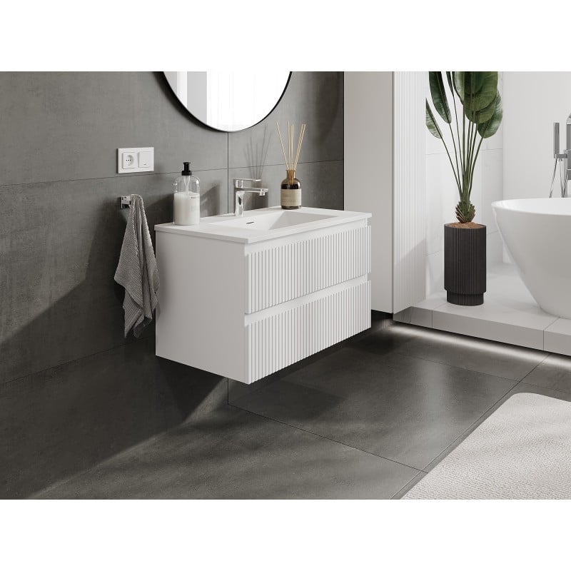 Mexen Rivel meuble de salle de bain 80 cm avec lavabo Otis, 2 tiroirs, rainuré, blanc mat - 91A20-08047-2-BFF01-W18M01