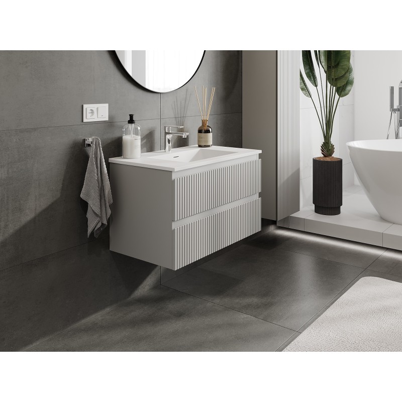 Mexen Rivel meuble de salle de bain 80 cm avec lavabo Otis, 2 tiroirs, rainuré, gris mat/blanc mat - 91A20-08047-2-BFF62-W18M01