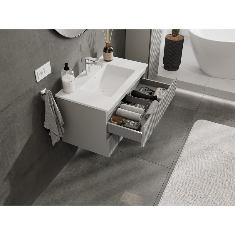 Mexen Rivel mueble de baño de 80 cm con lavabo Otis, 2 cajones, estriado, gris mate/blanco mate - 91A20-08047-2-BFF62-W18M01