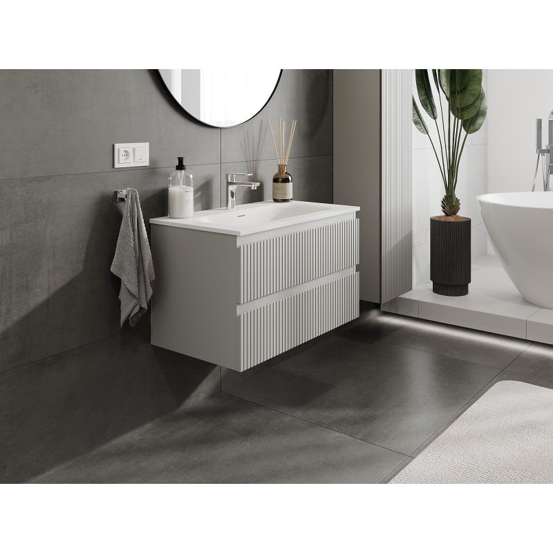 Mexen Rivel szafka łazienkowa 80 cm z umywalką Vela, 2 szuflady, ryflowana , szara mat/biała mat - 91A20-08047-2-BFF62-W23M01