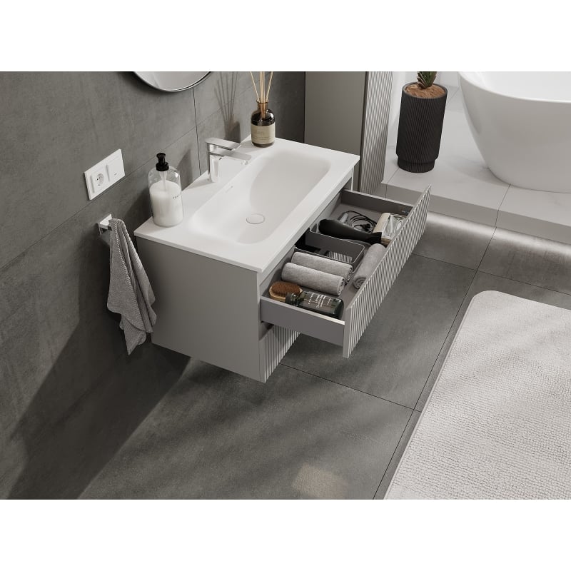 Mexen Rivel bathroom cabinet 80 cm with Vela sink, 2 drawers, grooved, gray matte/white matte - 91A20-08047-2-BFF62-W23M01