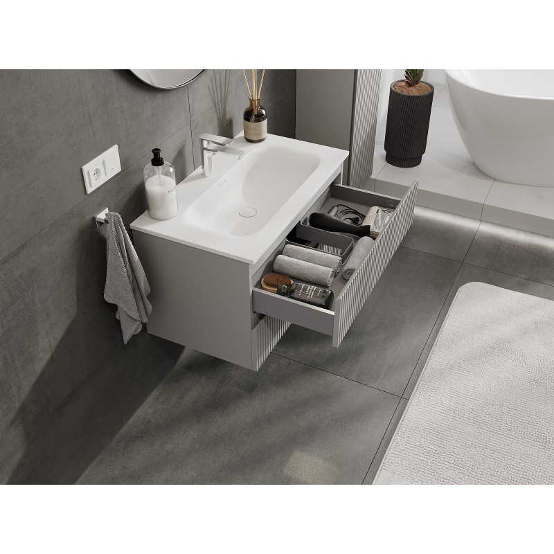 Mexen Rivel mueble de baño 80 cm con lavabo Vela, 2 cajones, ranurado, gris mate/blanco mate - 91A20-08047-2-BFF62-W23M01