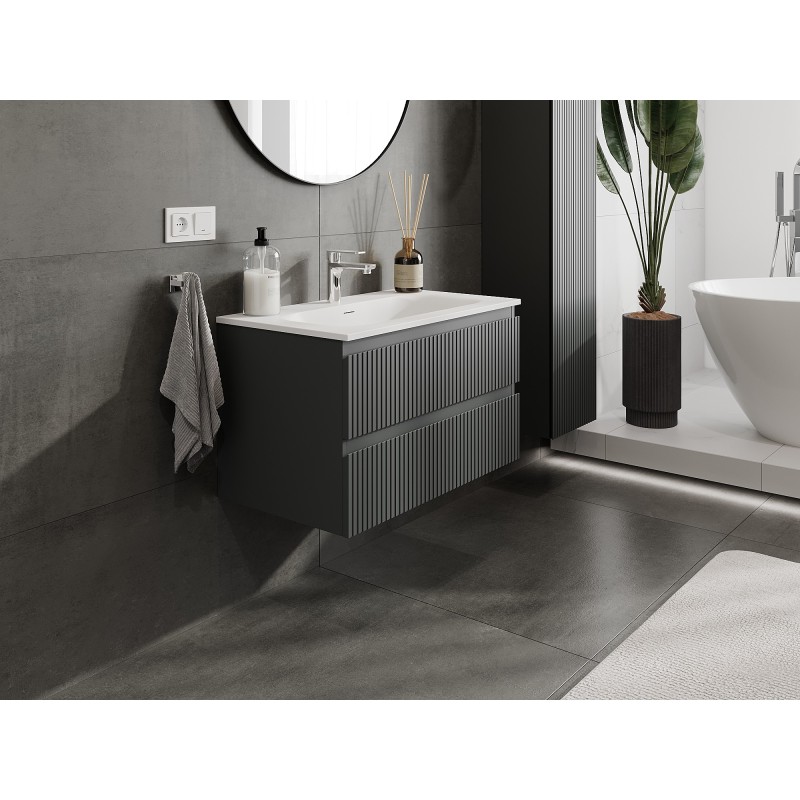 Mexen Rivel mueble de baño de 80 cm con lavabo Vela, 2 cajones, ranurado, grafito mate/blanco mate - 91A20-08047-2-BFF66-W23M0