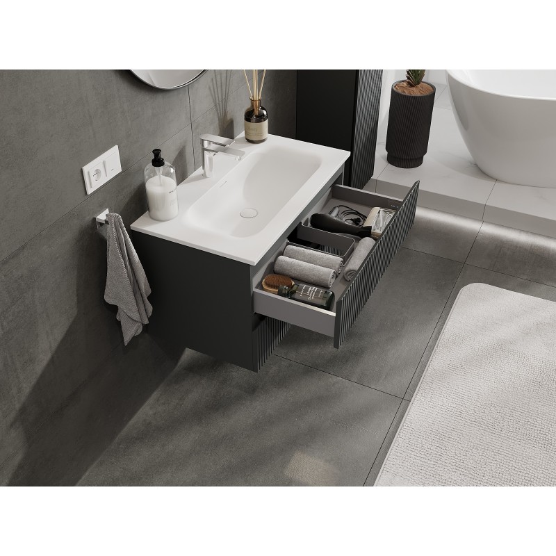 Mexen Rivel mueble de baño de 80 cm con lavabo Vela, 2 cajones, ranurado, grafito mate/blanco mate - 91A20-08047-2-BFF66-W23M0
