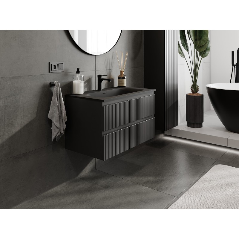 Mexen Rivel mueble de baño 80 cm con lavabo Vela, 2 cajones, acanalado, negro mate - 91A20-08047-2-BFF71-W23M71
