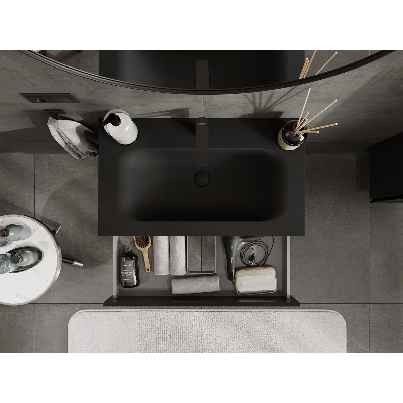 Mexen Rivel meuble de salle de bain 80 cm avec lavabo Vela, 2 tiroirs, cannelé, noir mat - 91A20-08047-2-BFF71-W23M71