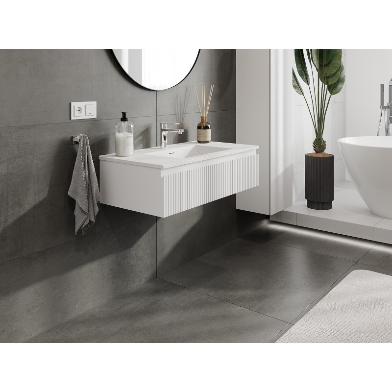 Mexen Rivel 90 cm bathroom cabinet with Otis sink, 1 drawer, grooved, white matt - 91A20-09023-1-BF01-W18M01