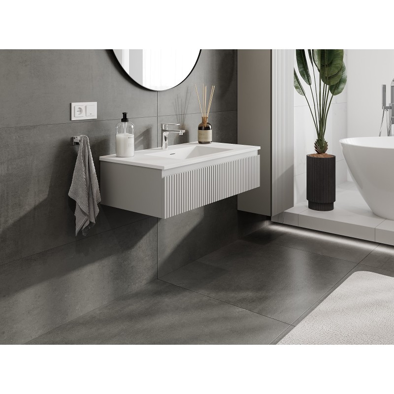 Mexen Rivel armário de casa de banho 90 cm com lavatório Otis, 1 gaveta, canelado, cinza mate/branco mate