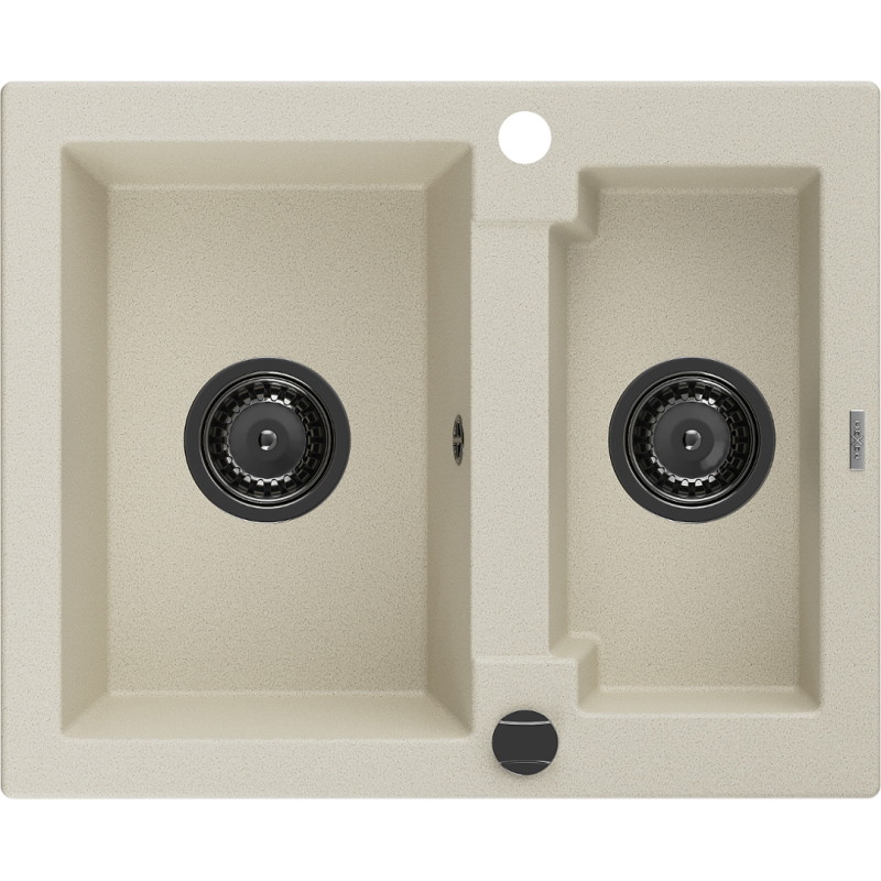 Mexen Carlos 1,5-komorige granieten gootsteen 582 x 475 mm, beige, zwarte sifon - 6518581500-69-B