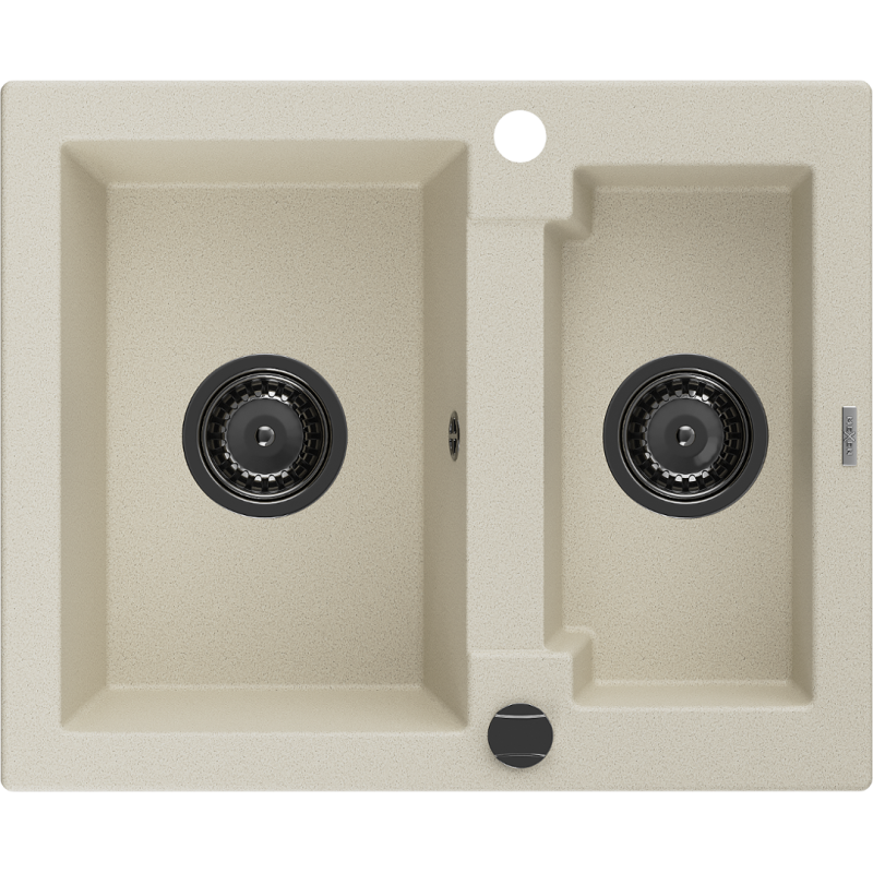 Mexen Carlos Granitspüle 1,5 Kammern 582 x 475 mm, beige, schwarzer Siphon - 6518581500-69-B