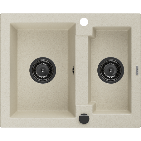 Mexen Carlos Granitspüle 1,5 Kammern 582 x 475 mm, beige, schwarzer Siphon - 6518581500-69-B