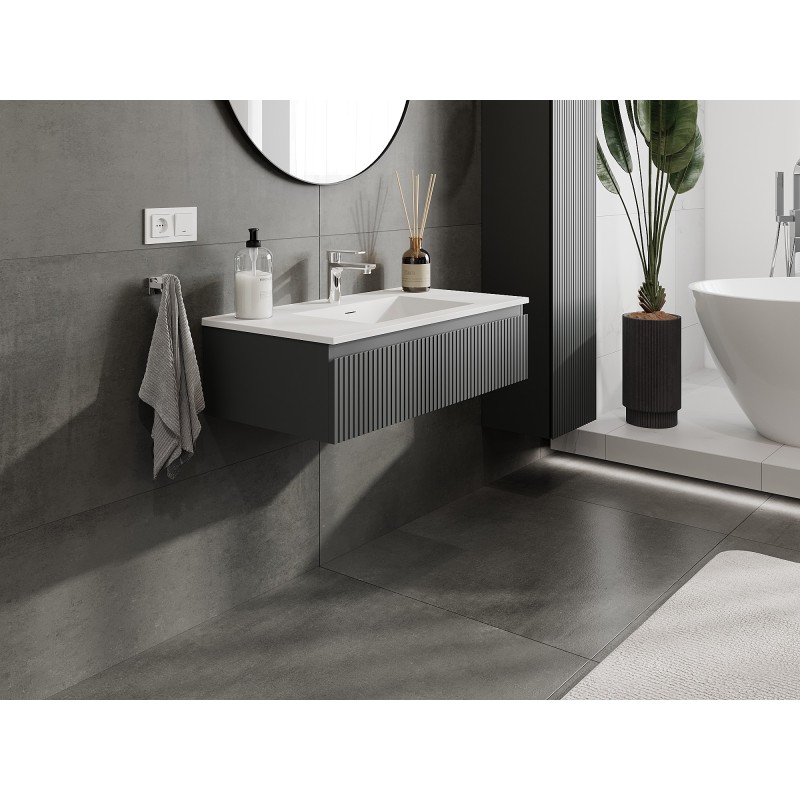 Mexen Rivel badkamerkast 90 cm met wastafel Otis, 1 lade, geribbeld, grafiet mat/wit mat - 91A20-09023-1-BF66-W18M01