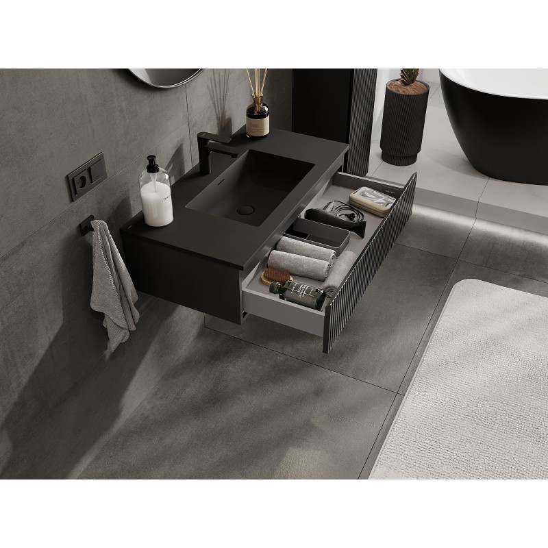 Mexen Rivel meuble de salle de bain 90 cm avec lavabo Otis, 1 tiroir, rainuré, noir mat - 91A20-09023-1-BF71-W18M71