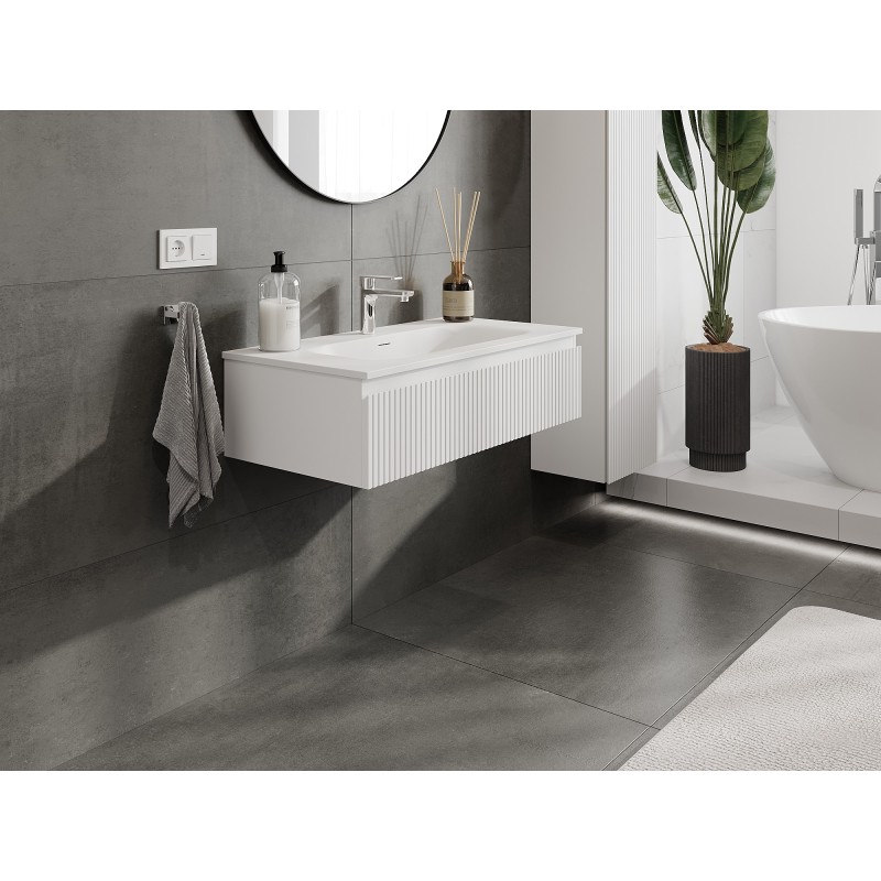 Mexen Rivel szafka łazienkowa 90 cm z umywalką Vela, 1 szuflada, ryflowana , biała mat - 91A20-09023-1-BF01-W23M01