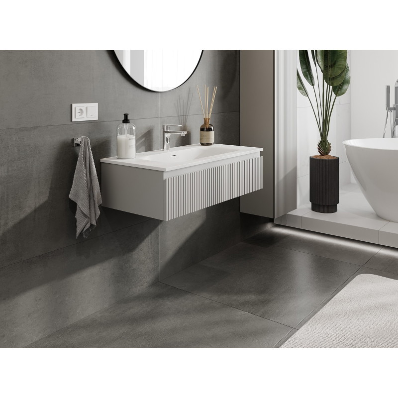 Mexen Rivel mobiletto da bagno 90 cm con lavabo Vela, 1 cassetto, scanalato, grigio opaco/bianco opaco