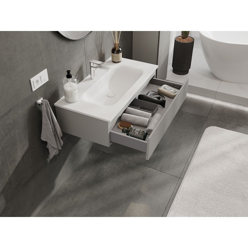Mexen Rivel szafka łazienkowa 90 cm z umywalką Vela, 1 szuflada, ryflowana , szara mat/biała mat - 91A20-09023-1-BF62-W23M01