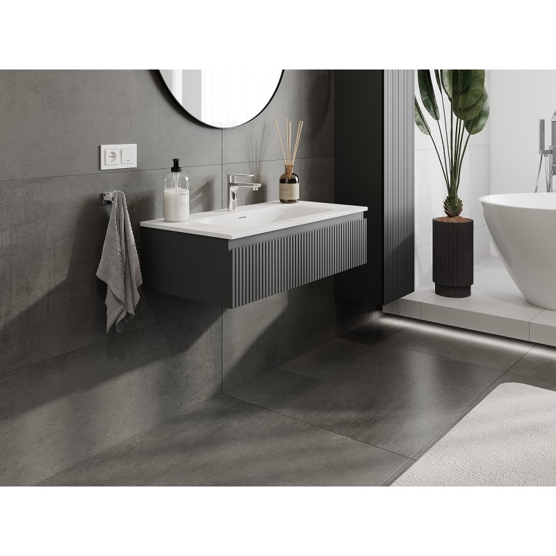 Mexen Rivel armário de casa de banho 90 cm com lavatório Vela, 1 gaveta, canelado, grafite mate/branco mate