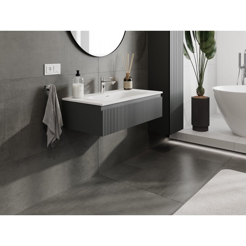 Mexen Rivel szafka łazienkowa 90 cm z umywalką Vela, 1 szuflada, ryflowana , grafit mat/biała mat - 91A20-09023-1-BF66-W23M01