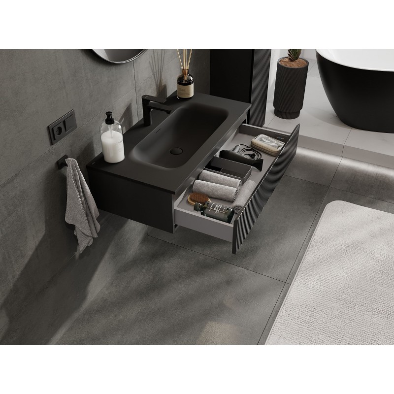 Mexen Rivel mobile bagno 90 cm con lavandino Vela, 1 cassetto, scanalato, nero opaco - 91A20-09023-1-BF71-W23M71