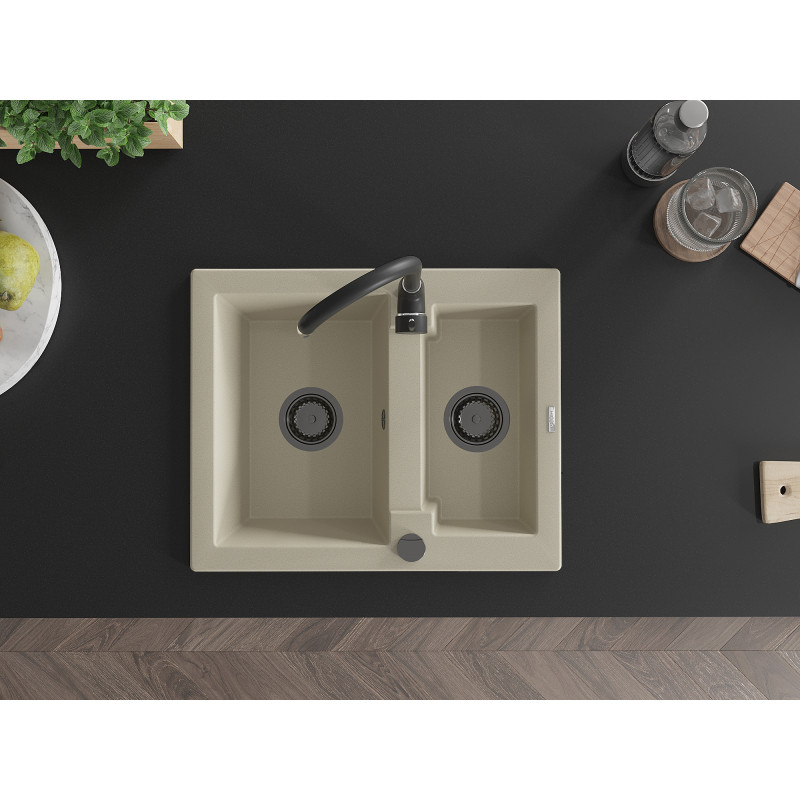 Mexen Carlos évier en granit à 1,5 bac 582 x 475 mm, beige, siphon noir - 6518581500-69-B