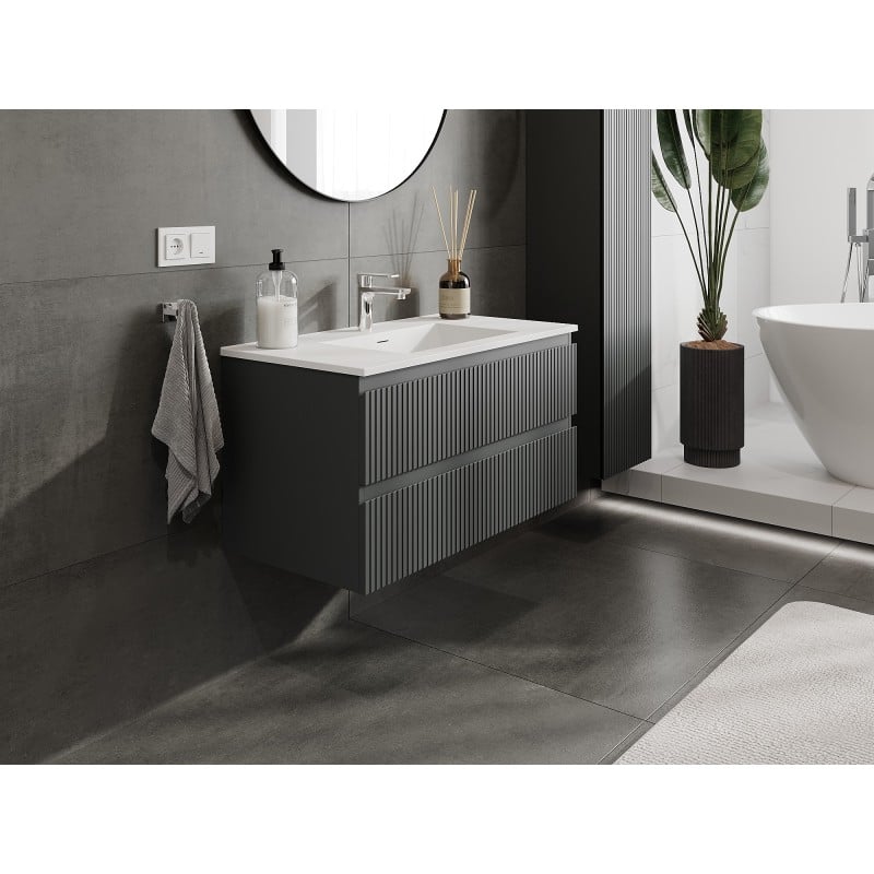 Mexen Rivel meuble de salle de bain 90 cm avec lavabo Otis, 2 tiroirs, rainuré, graphite mat/blanc mat -