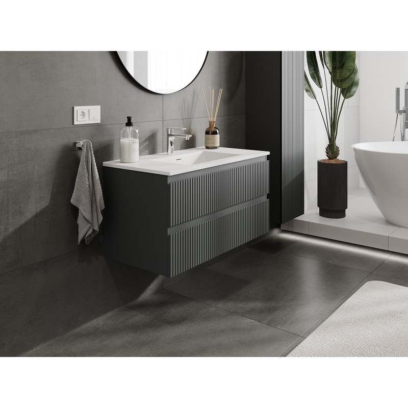 Mexen Rivel szafka łazienkowa 90 cm z umywalką Otis, 2 szuflady, ryflowana , grafit mat/biała mat - 91A20-09047-2-BFF66-W18M0