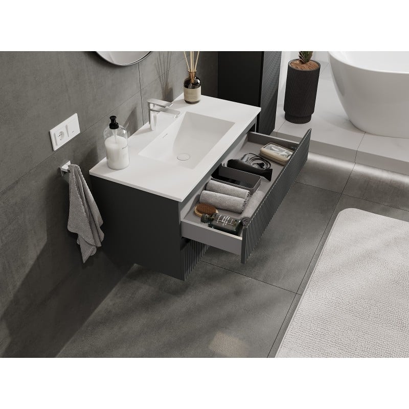 Mexen Rivel szafka łazienkowa 90 cm z umywalką Otis, 2 szuflady, ryflowana , grafit mat/biała mat - 91A20-09047-2-BFF66-W18M0