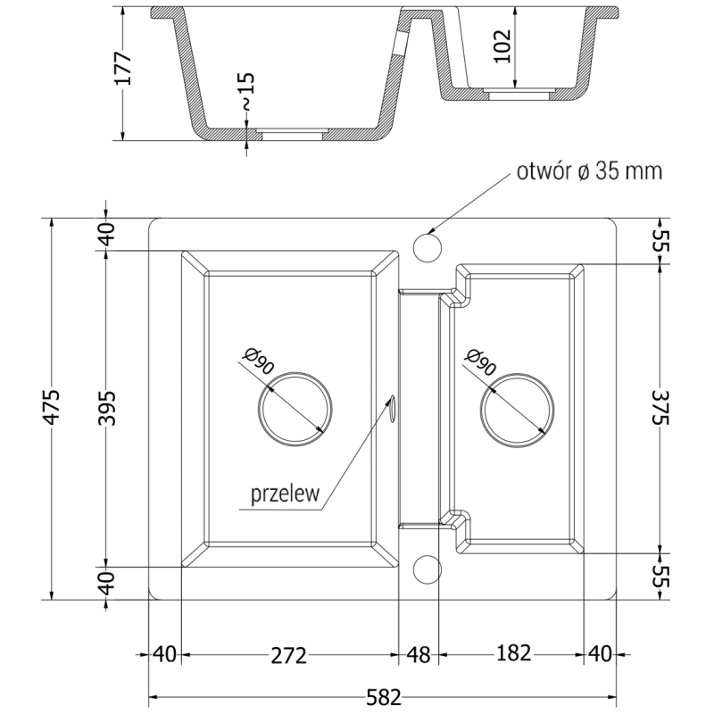 Mexen Carlos Granitspüle 1,5 Becken 582 x 475 mm, grau, schwarzer Siphon - 6518581500-71-B