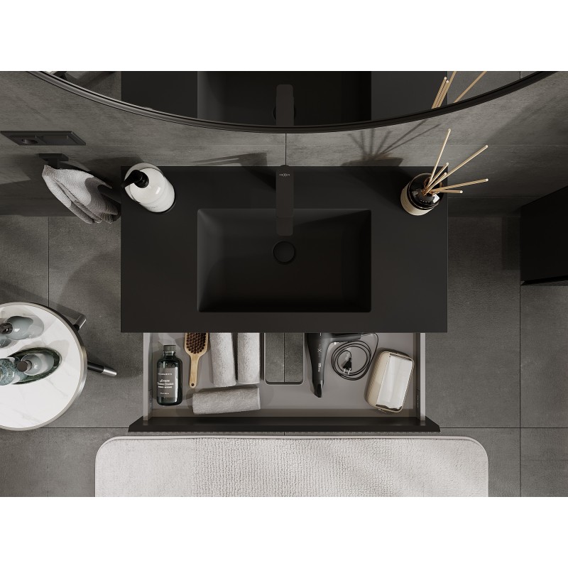 Mexen Rivel armario de baño 90 cm con lavabo Otis, 2 cajones, estriado, negro mate - 91A20-09047-2-BFF71-W18M71