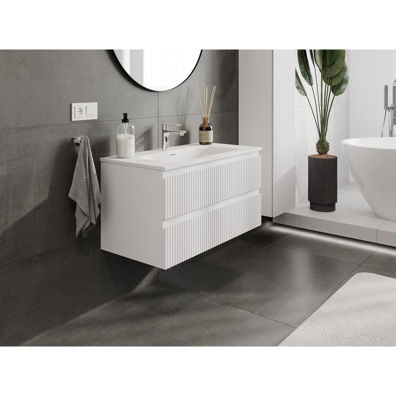 Mexen Rivel szafka łazienkowa 90 cm z umywalką Vela, 2 szuflady, ryflowana , biała mat - 91A20-09047-2-BFF01-W23M01