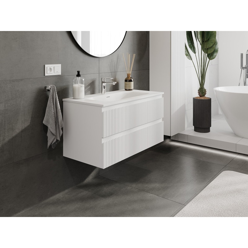Mexen Rivel vannitoakapp 90 cm koos Vela valamu, 2 sahtlit, soonikkoes , matt valge - 91A20-09047-2-BFF01-W23M01