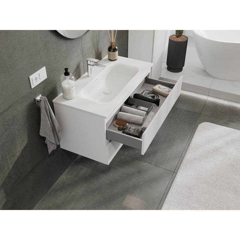 Mexen Rivel szafka łazienkowa 90 cm z umywalką Vela, 2 szuflady, ryflowana , biała mat - 91A20-09047-2-BFF01-W23M01