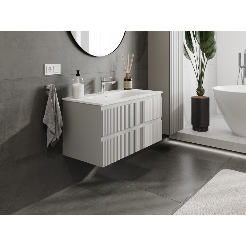 Mexen Rivel badkamerkast 90 cm met wastafel Vela, 2 laden, geribbeld, grijs mat / wit mat - 91A20-09047-2-BFF62-W23M01