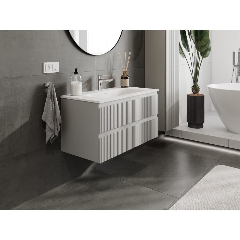 Mexen Rivel szafka łazienkowa 90 cm z umywalką Vela, 2 szuflady, ryflowana , szara mat/biała mat - 91A20-09047-2-BFF62-W23M01