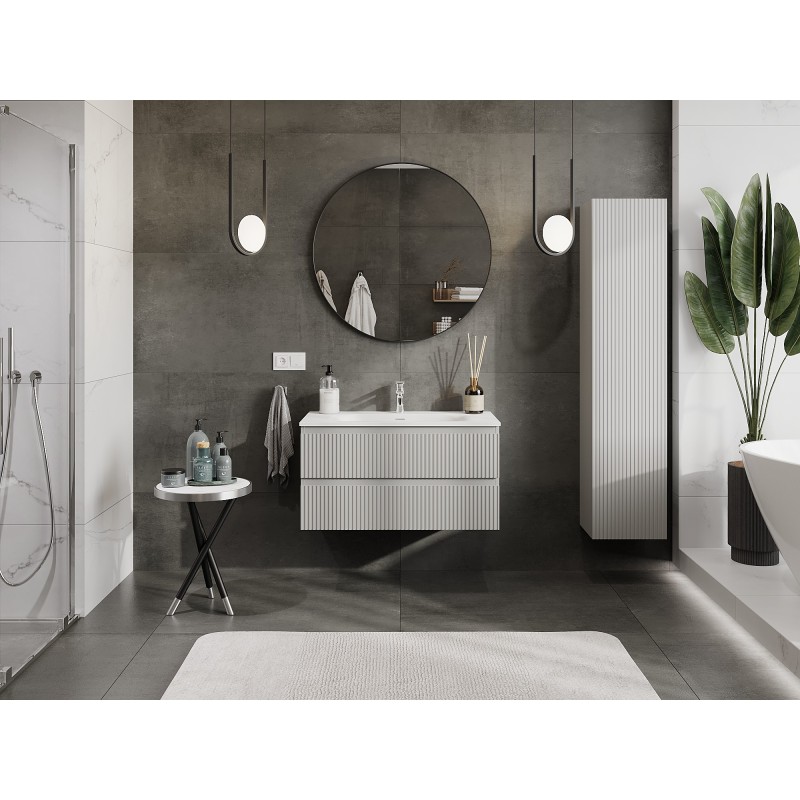 Mexen Rivel mobile da bagno 90 cm con lavabo Vela, 2 cassetti, scanalato, grigio opaco/bianco opaco - 91A20-09047-2-BFF62-W23M01