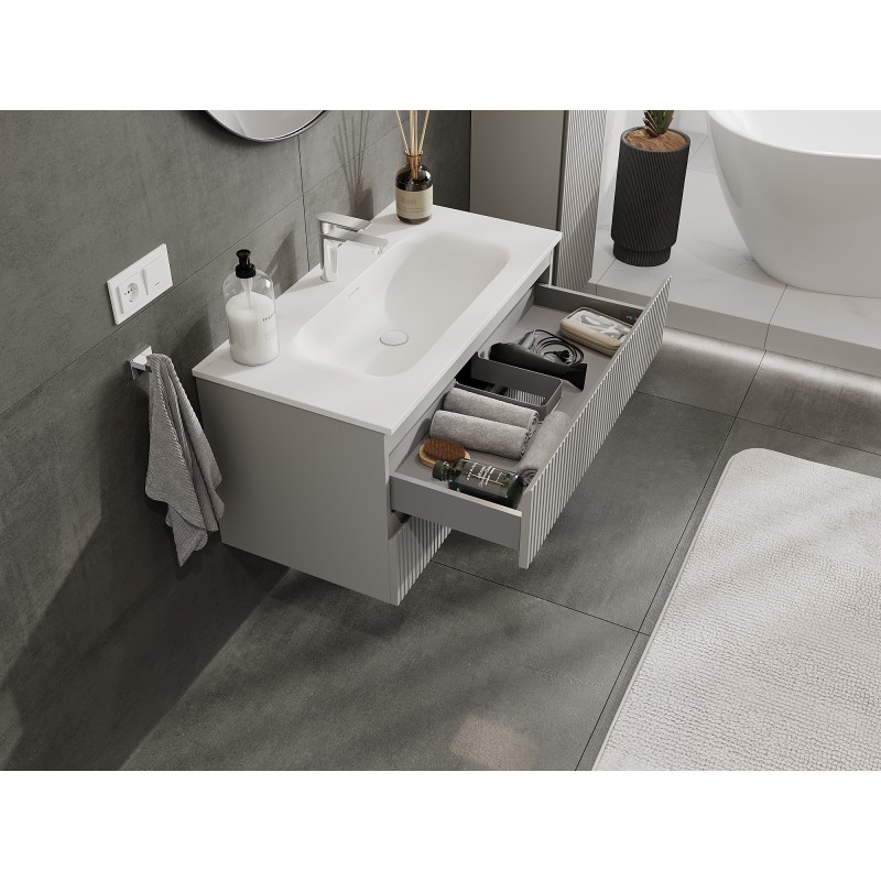 Mexen Rivel badkamerkast 90 cm met wastafel Vela, 2 laden, geribbeld, grijs mat / wit mat - 91A20-09047-2-BFF62-W23M01