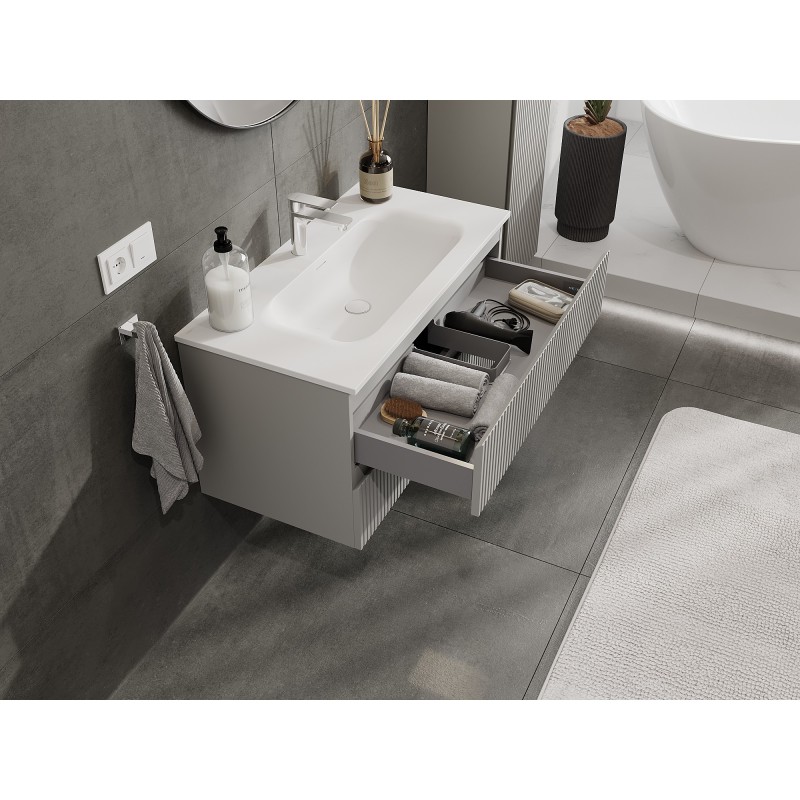Mexen Rivel szafka łazienkowa 90 cm z umywalką Vela, 2 szuflady, ryflowana , szara mat/biała mat - 91A20-09047-2-BFF62-W23M01