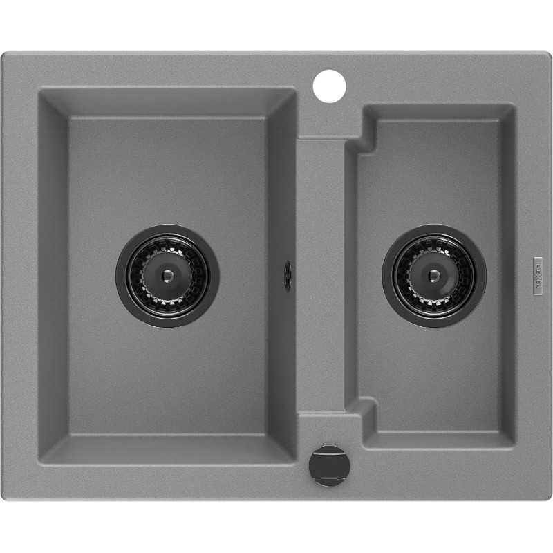Mexen Carlos fregadero de granito 1,5 tazones 582 x 475 mm, gris, sifón negro - 6518581500-71-B