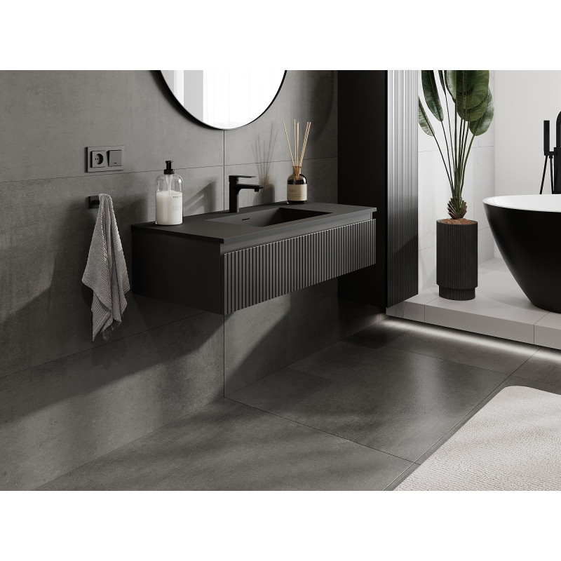 Mexen Rivel mobiletto da bagno 100 cm con lavabo Otis, 1 cassetto, scanalato, nero opaco - 91A20-10023-1-BF71-W18M71