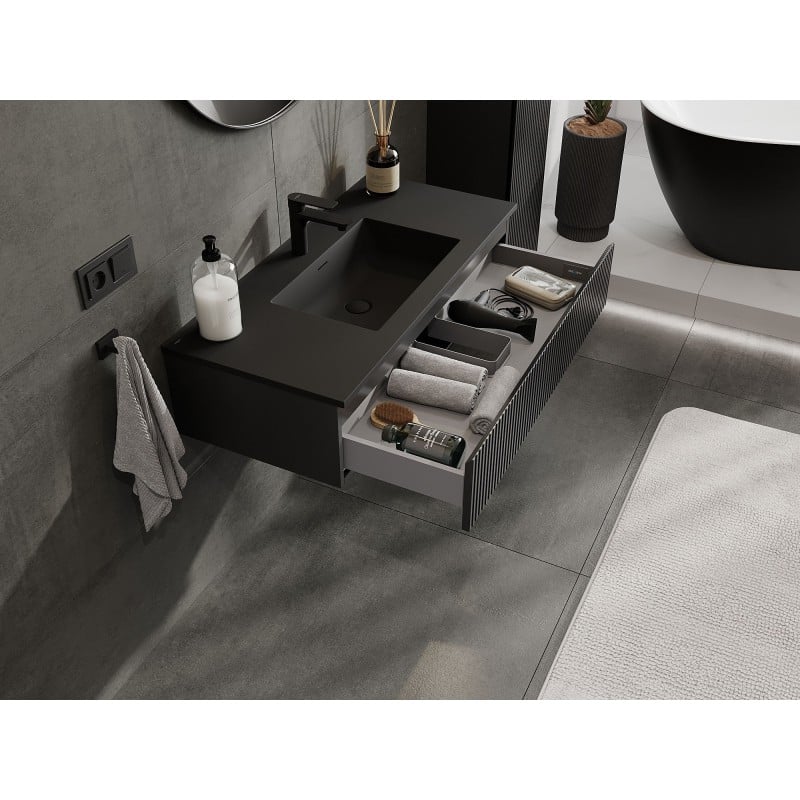 Mexen Rivel badkamerkast 100 cm met wastafel Otis, 1 lade, geribbeld, zwart mat - 91A20-10023-1-BF71-W18M71
