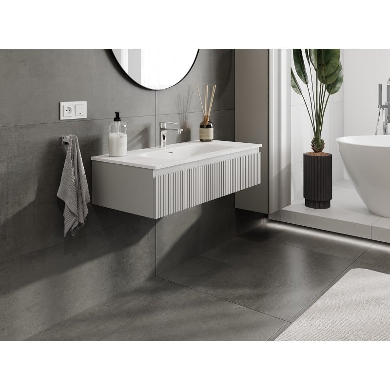 Mexen Rivel 100 cm badrumsskåp med handfat Vela, 1 låda, räfflad, grå matt/vit matt - 91A20-10023-1-BF62-W23M01