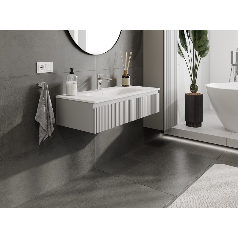 Mexen Rivel Badezimmerschrank 100 cm mit Waschbecken Vela, 1 Schublade, geriffelt, grau matt/weiß matt