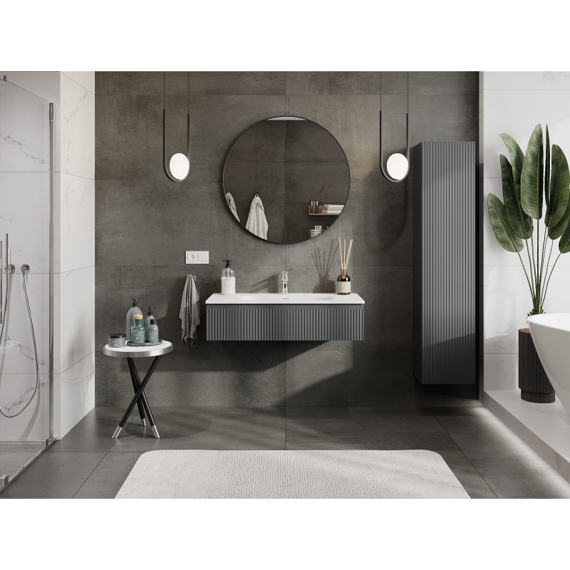 Mexen Rivel armário de casa de banho 100 cm com lavatório Vela, 1 gaveta, canelada, grafite mate/branco mate