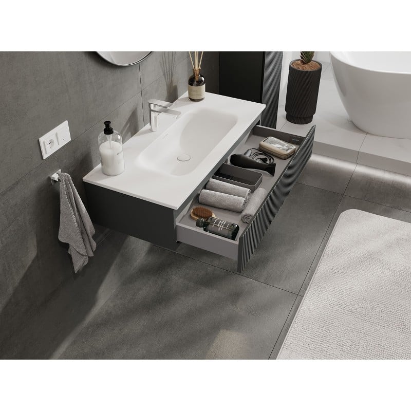 Mexen Rivel szafka łazienkowa 100 cm z umywalką Vela, 1 szuflada, ryflowana , grafit mat/biała mat - 91A20-10023-1-BF66-W23M01